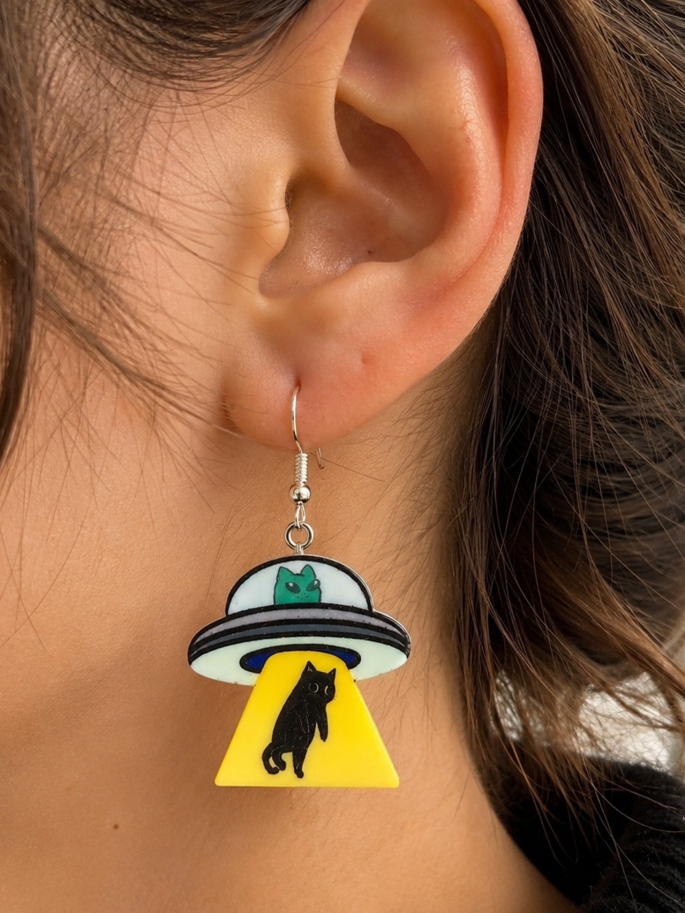UFO Cat Dangle Drop Earrings New
